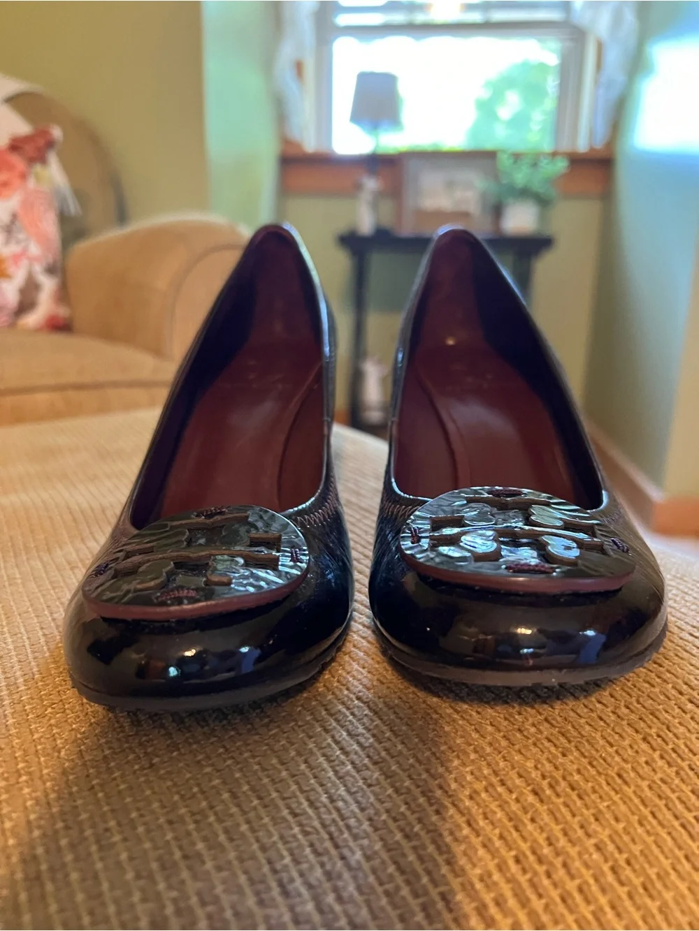 Tory Burch Deep Burgundy Patent Leather Logo Wedges with Deep Burgundy Insole